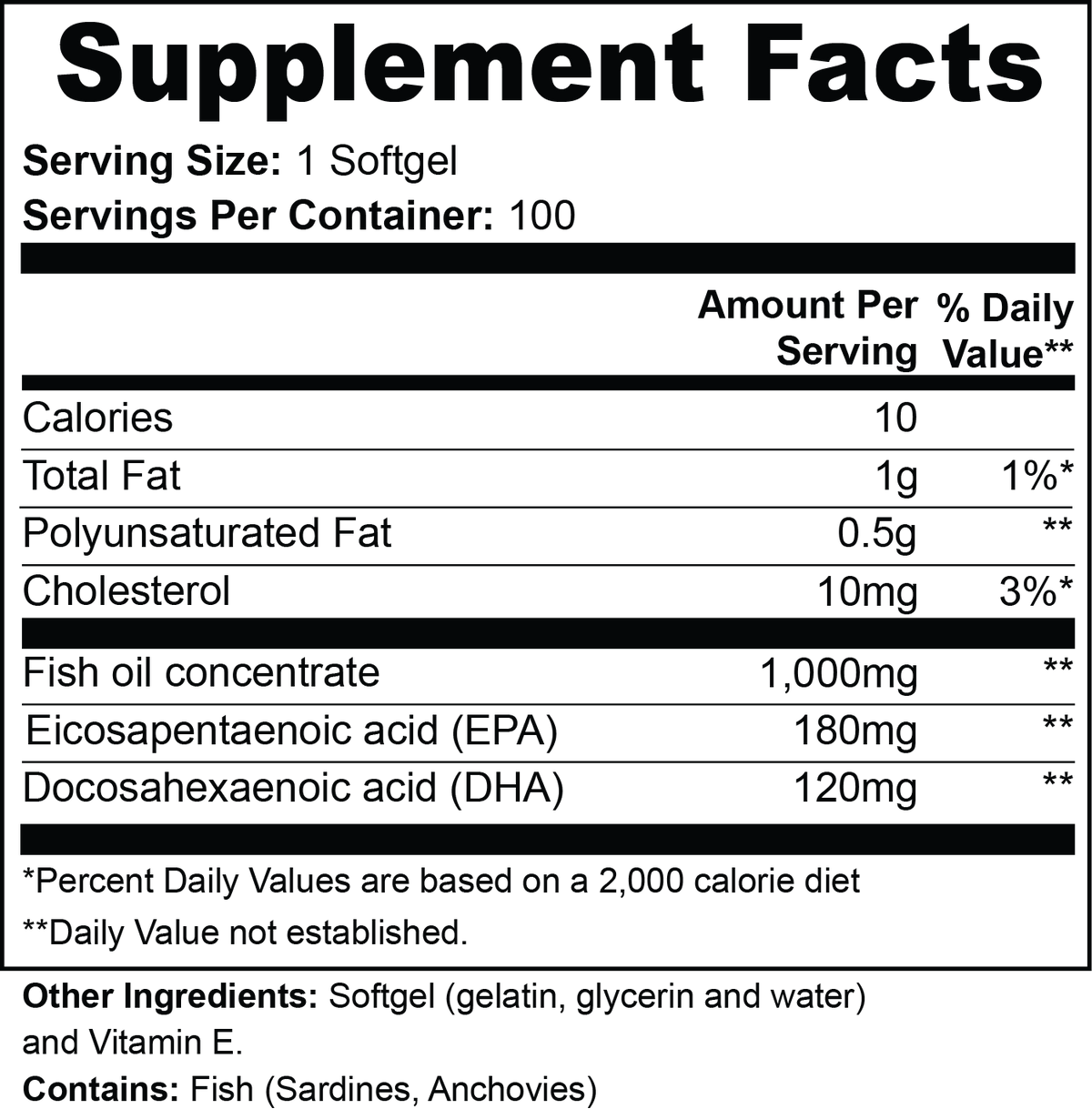 Omega-3 Fish Oil — 180 mg EPA + 120 mg DHA | 100 Softgels