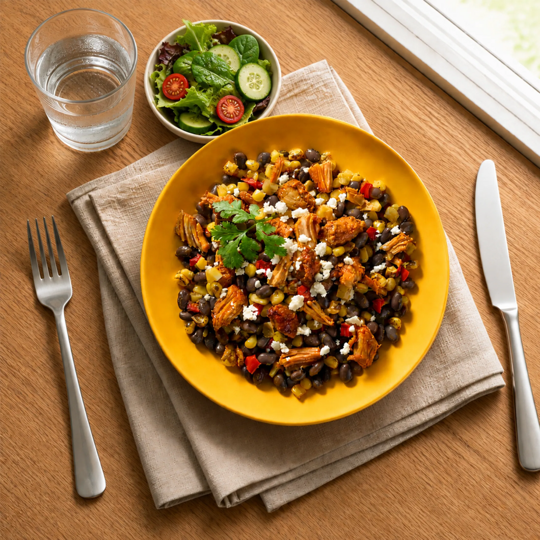 A yellow bowl filled with a colorful black bean and corn salad, topped with crumbled cheese, cilantro, and cooked chicken, set on a beige napkin on a wooden table. A glass of water, a small side salad, a fork, and a knife are arranged around it.