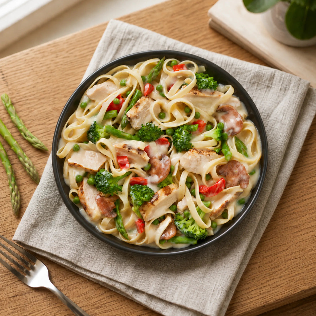 A black bowl filled with creamy pasta, broccoli, chicken, and red peppers, placed on a beige napkin on a wooden table with a fork nearby.