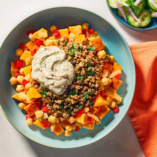 Mediterranean Style Beef Bowl with Sweet Potato Medley