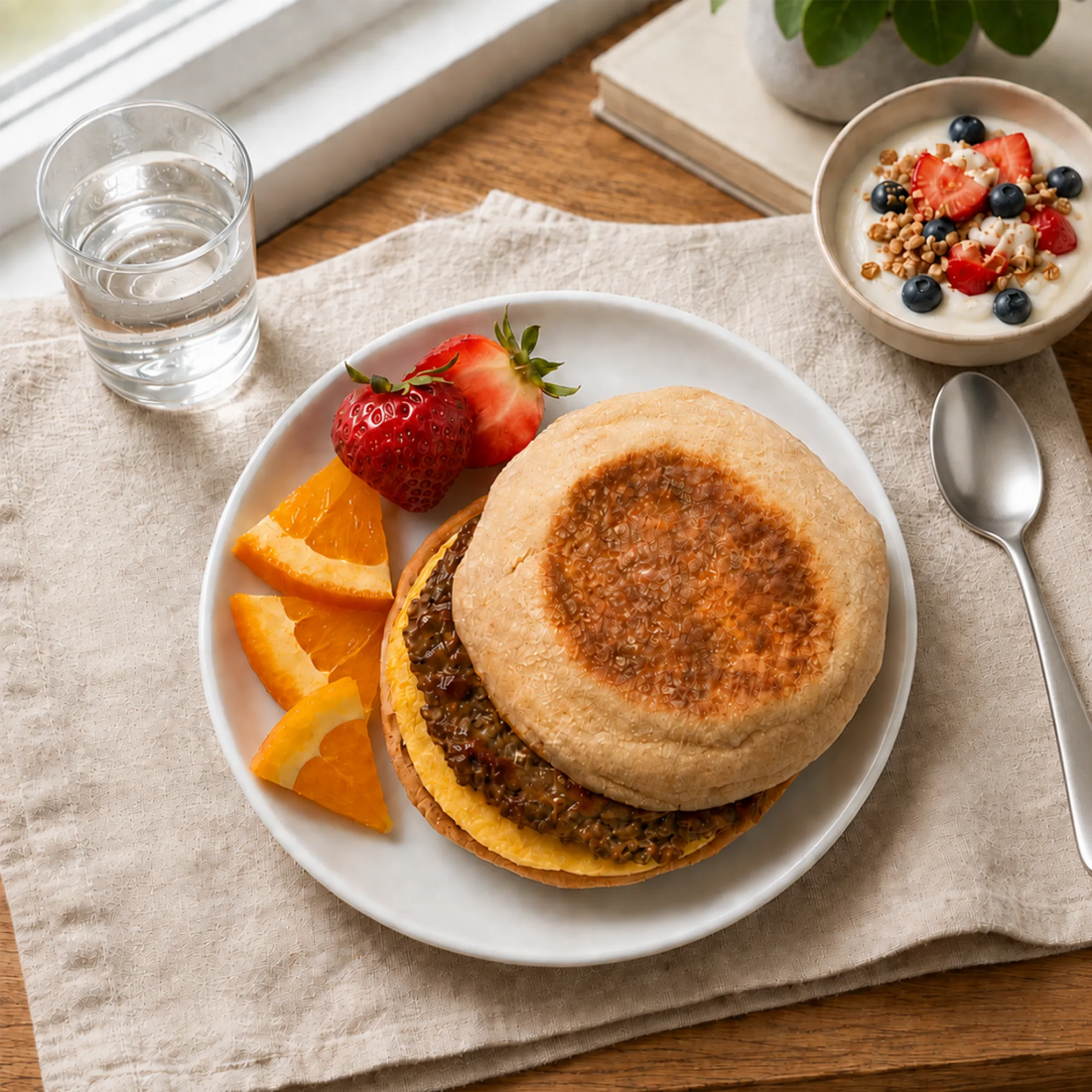 A breakfast scene on a beige cloth napkin with a white plate holding a sausage and egg breakfast sandwich, strawberries, orange slices, a glass of water, a spoon, and a small bowl of granola with fruit. The setting is a real tabletop environment with natural light from a window.